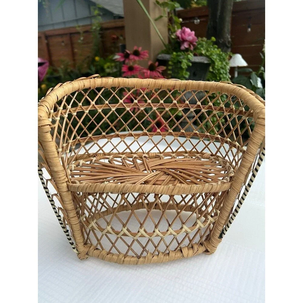 1970’s Vintage Mini Wicker Rattan Doll Chair + Bunny Cottagecore Boho Decor